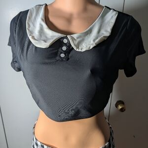 Hot Topic Girls Black And White Swim Top with White Peter Pan Collar Size M/D